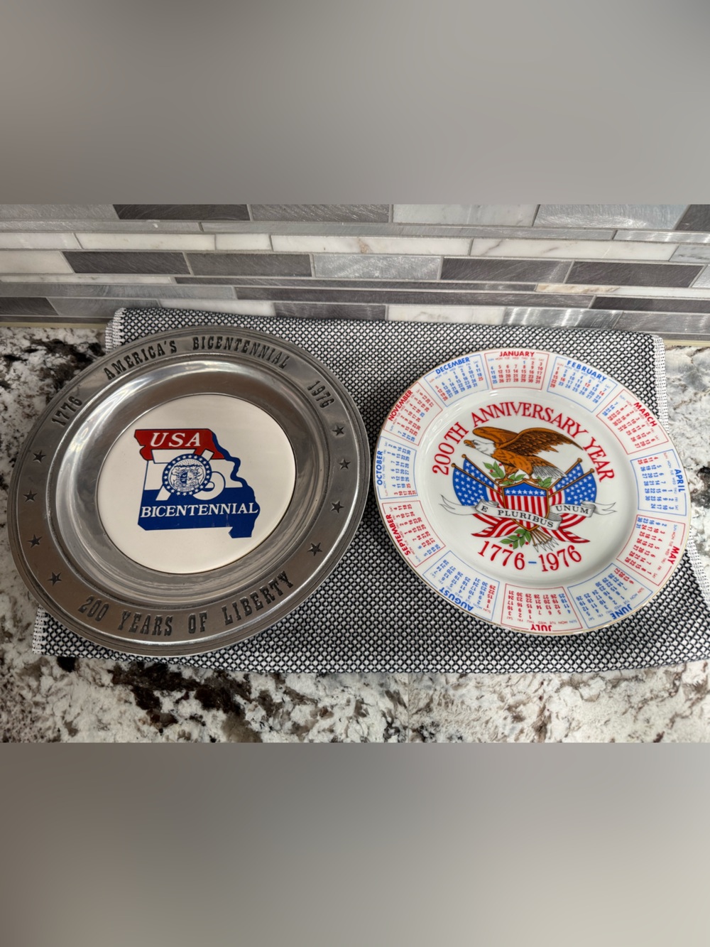 Bicentennial Commemorative Pewter Plate and Porcelain 1976 Calendar Plate
